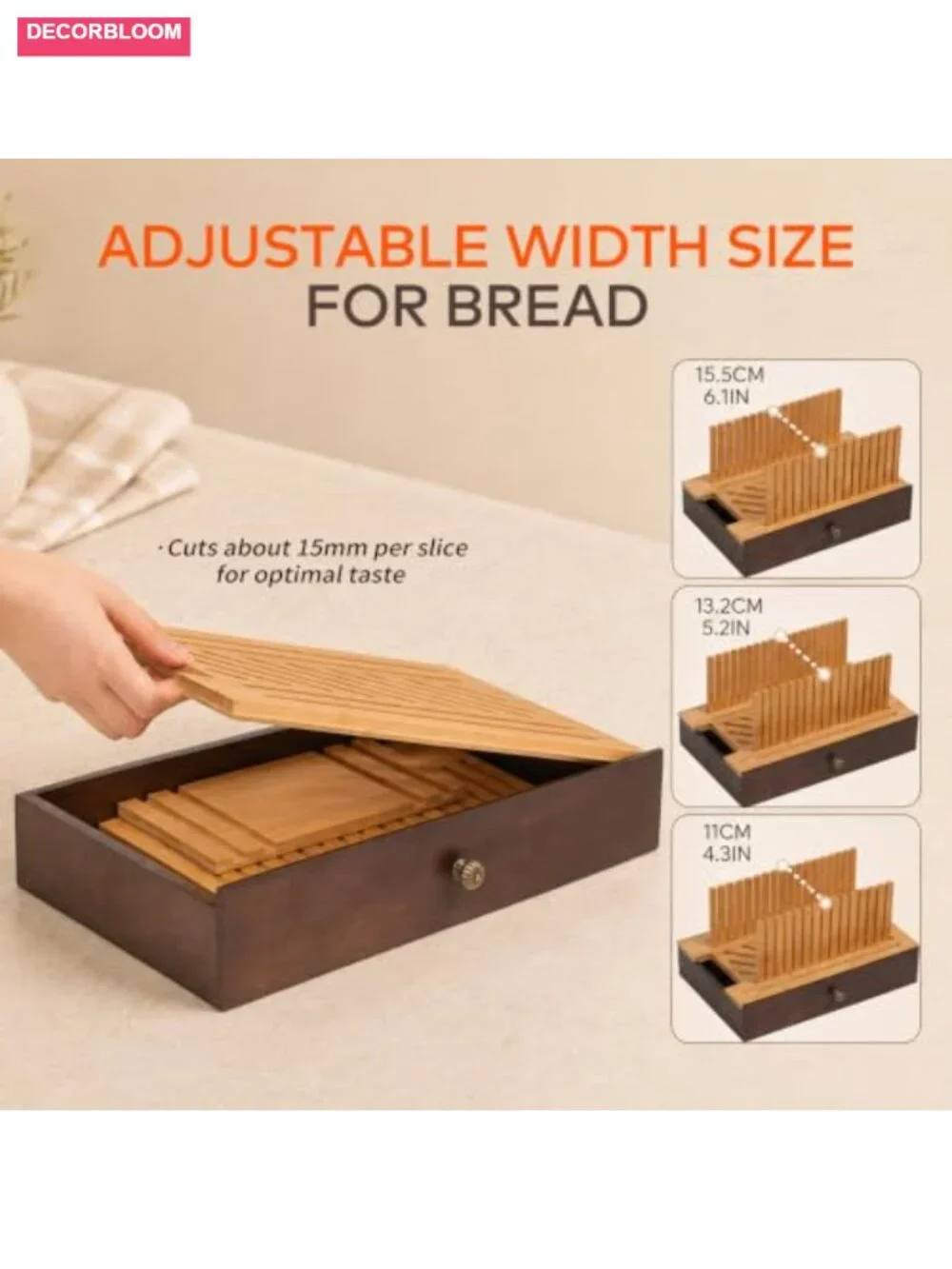 Solid Pine Wood Bread Box with Bamboo Slicer for Kitchen Countertop